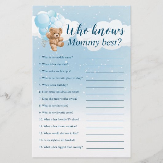 Wie kent mammie beste blauwe teddybeer spel flyer (Voorkant)