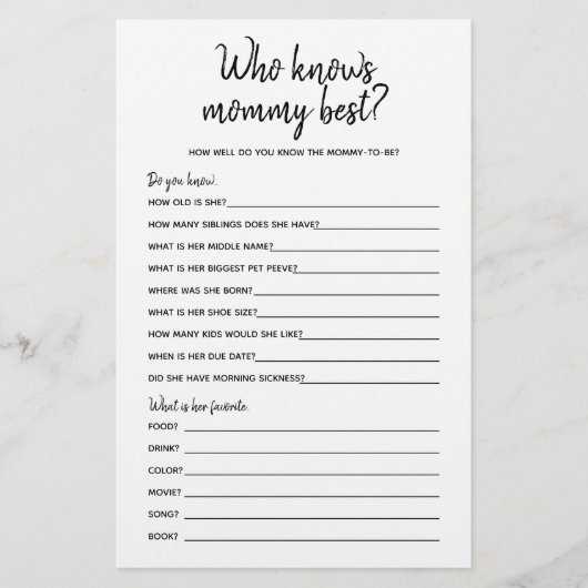 Wie kent mammie beste minimalistische Baby shower  (Voorkant)
