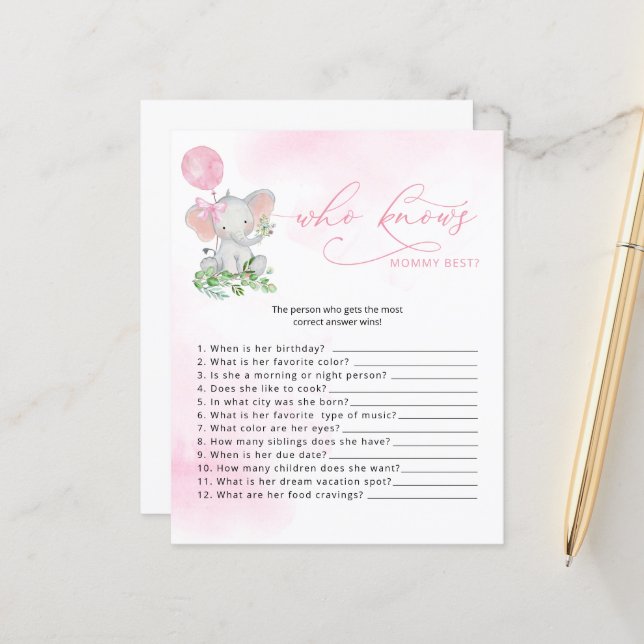 Wie kent mammie beste olifant Baby shower Game (Voorkant / Achterkant in situ)