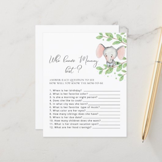 Wie kent mammie beste olifant Baby shower Game (Voorkant / Achterkant in situ)