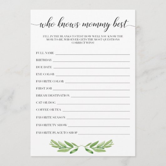 Wie kent mammie beste spelkaarten voor Baby shower (Voorkant)