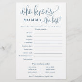 Wie kent mammie, Blue Baby shower Paper Game Kaart (Voorkant)
