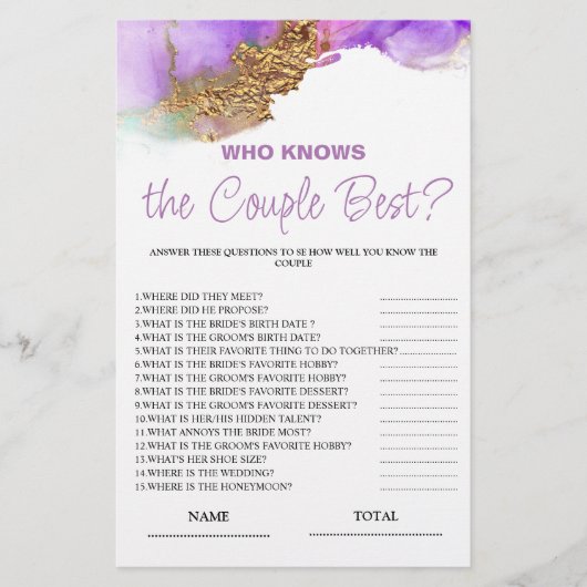 Wie kent Paars beste Paarse Bridal Game (Voorkant)