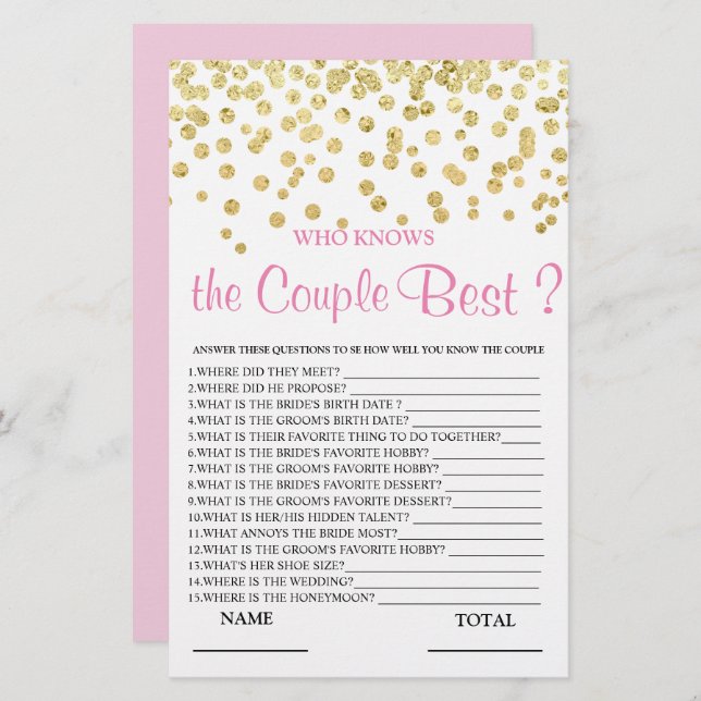 Wie kent Paars beste Pink Gold Bridal Game (Voorkant / Achterkant)
