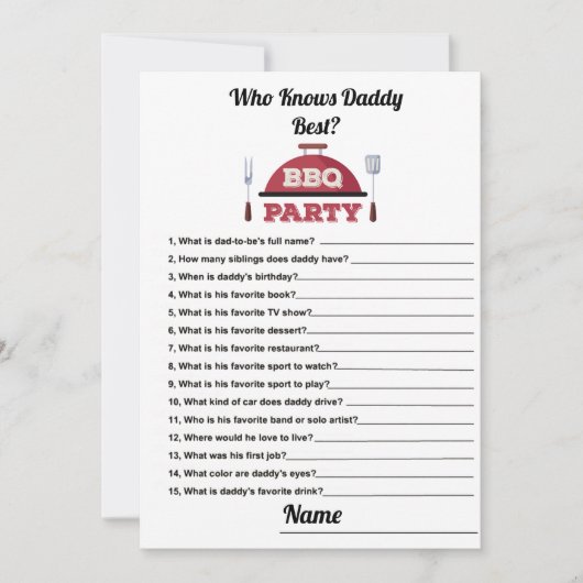 Wie kent papa Beste BBQ Baby shower Game Kaart (Voorkant)