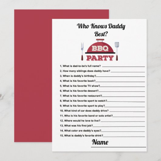 Wie kent papa Beste BBQ Baby shower Game Kaart (Voorkant / Achterkant)