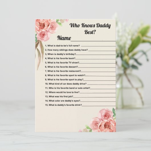 Wie kent papa beste Bloemen Baby shower Game Kaart (Staand voorkant)