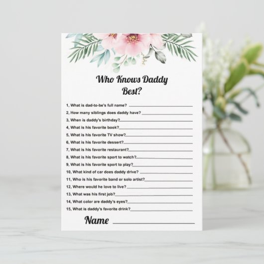 Wie kent papa beste roze Baby shower spel Kaart (Staand voorkant)