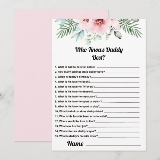 Wie kent papa beste roze Baby shower spel Kaart (Voorkant / Achterkant)