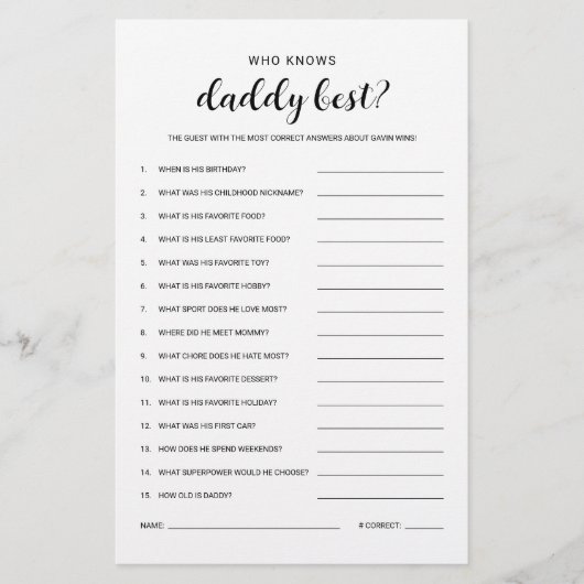 Wie kent papa budget vriendelijk Baby shower spel Flyer (Voorkant)