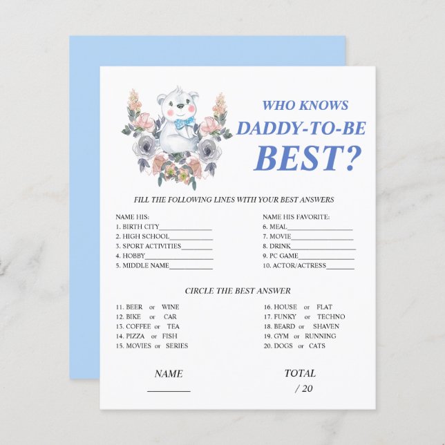 Wie kent papa de beste Blue Baby shower Game (Voorkant / Achterkant)