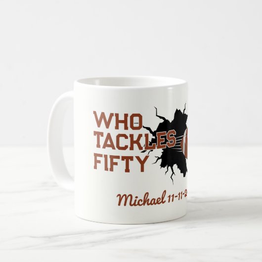 Wie pakt Fifty Funny Football 50ste verjaardag aan Koffiemok (Voorkant links)