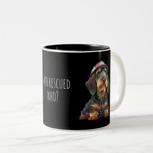Wie redde wie - Wirehaered Dachshund Tweekleurige Koffiemok (Voorkant rechts)