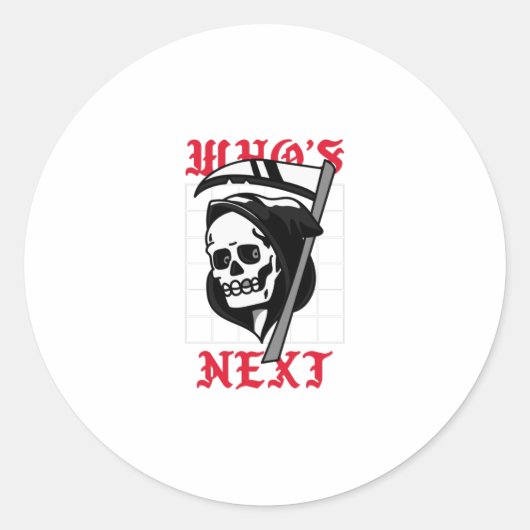 Wie volgt met Grim Reaper Ronde Sticker (Voorkant)