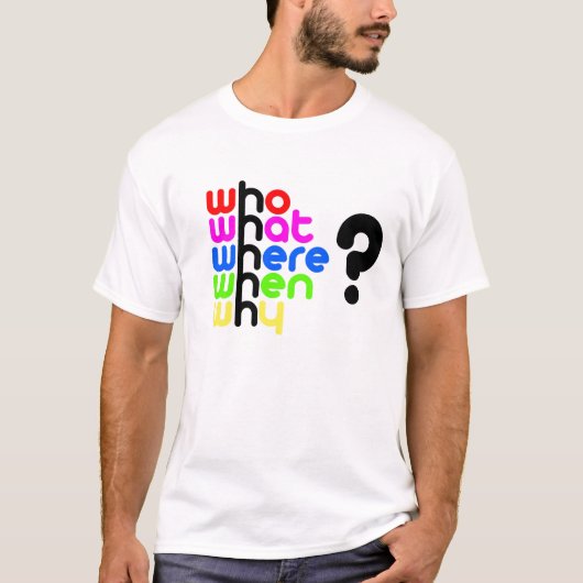Wie, wat, waar, wanneer, waarom? t-shirt (Voorkant)