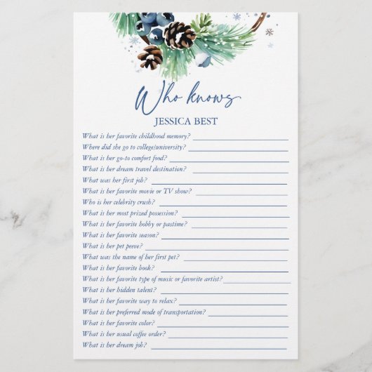 Wie weet bruid beste winter vrijgezellenfeest spel briefpapier (Voorkant)