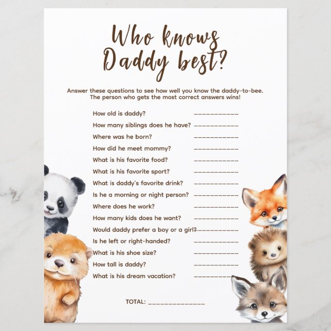 Wie weet Daddy Woodland Animals Baby shower Game (Voorkant)
