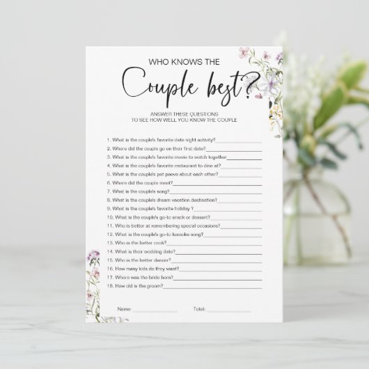 Wie weet het paar beste Vrijgezellenfeest spel Kaart (Staand voorkant)