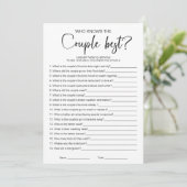 Wie weet het paar beste Vrijgezellenfeest spel Kaart (Staand voorkant)