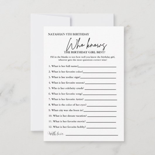 Wie weet het verjaardagsmeisje beste partij spel k kaart (Voorkant)