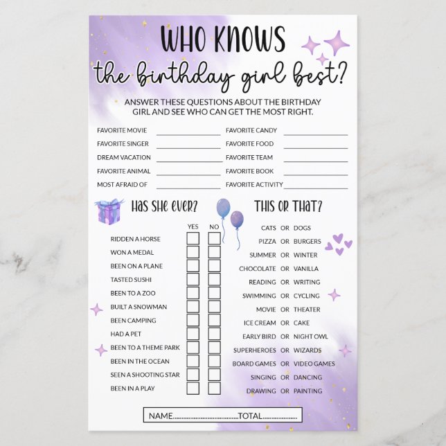 Wie weet het verjaardagsmeisje beste spel - Paarse (Voorkant)
