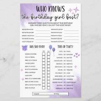 Wie weet het verjaardagsmeisje beste spel - Paarse