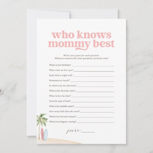 Wie weet Mama Beste Baby Stranddouche Spel Kaart (Voorkant)