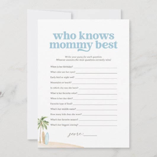 Wie weet Mama Beste Baby Stranddouche Spel Kaart (Voorkant)