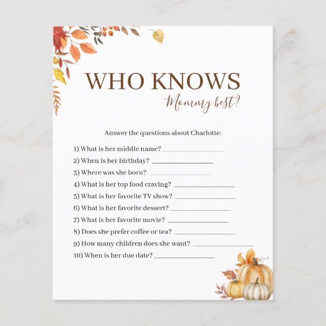 Wie weet Mama Beste Herfst Baby shower Game Kaart (Voorkant)