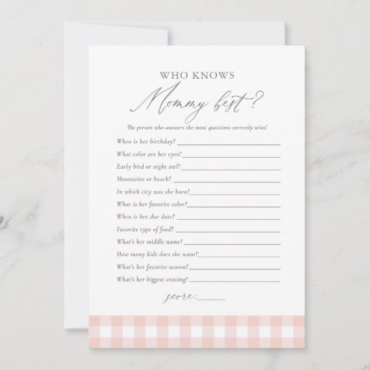 Wie weet mammie beste roze gingham Baby shower spe Kaart (Voorkant)
