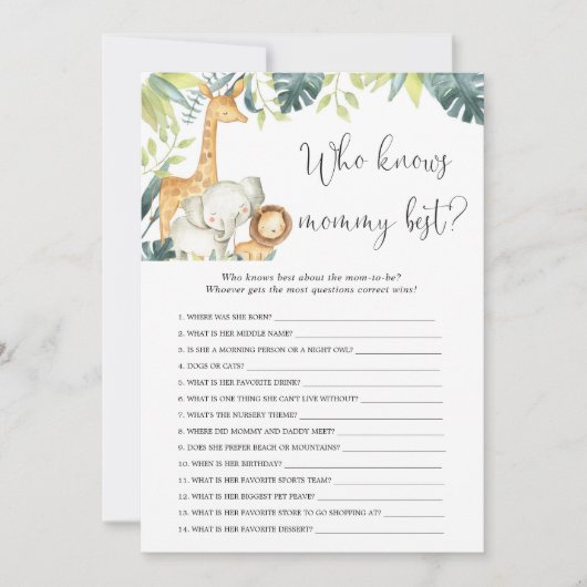 Wie weet mammie beste safari baby shower spel kaart (Voorkant)
