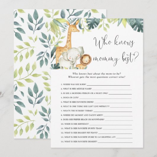 Wie weet mammie beste safari baby shower spel kaart (Voorkant / Achterkant)