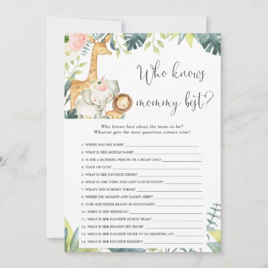 Wie weet mammie beste safari baby shower spel kaart (Voorkant)