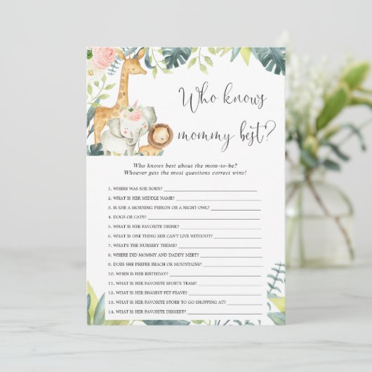 Wie weet mammie beste safari baby shower spel kaart (Staand voorkant)