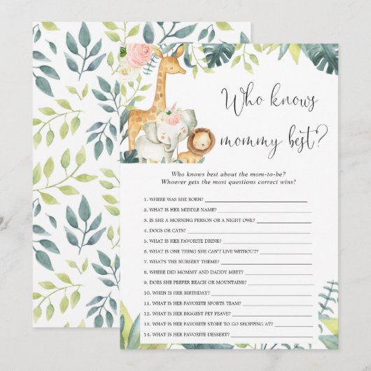 Wie weet mammie beste safari baby shower spel kaart (Voorkant / Achterkant)