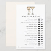 Wie zegt wat Champagne Vrijgezellenfeest Game Kaar (Voorkant / Achterkant)