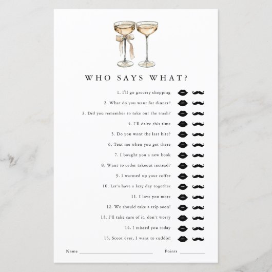 Wie zegt wat Champagne Vrijgezellenfeest Game Kaar (Voorkant)