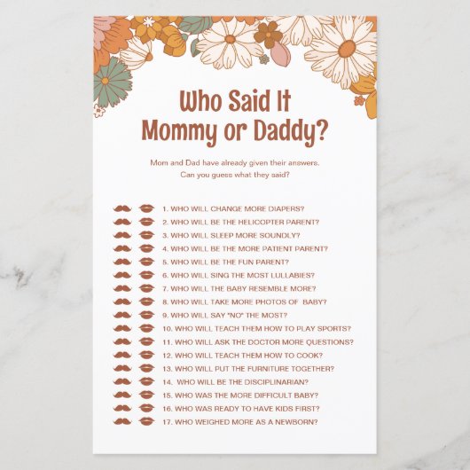 Wie zei het Groovy Baby shower Game (Voorkant)