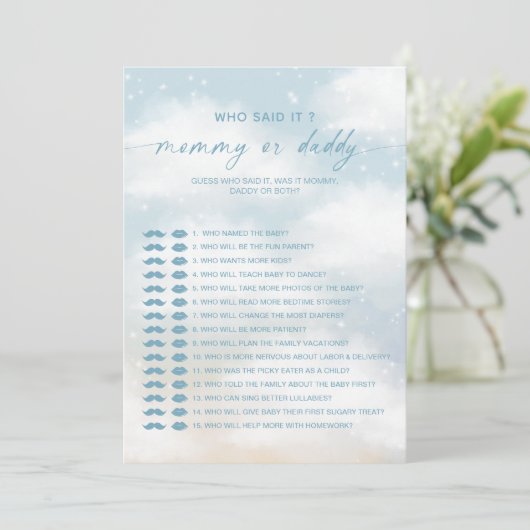 Wie zei het mama? | Daddy Baby shower Game Kaart (Staand voorkant)