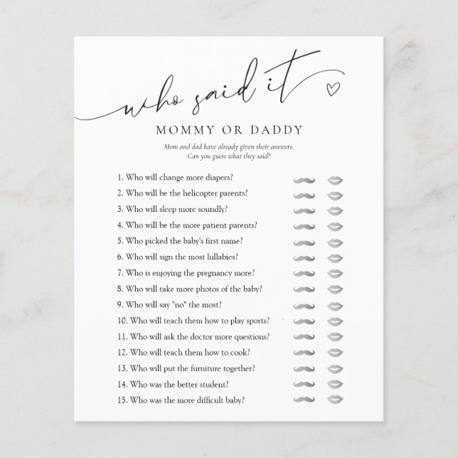 Wie zei het mama of papa minimalistisch Baby showe (Voorkant)