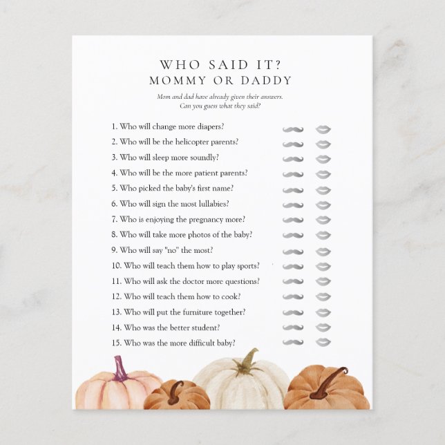 Wie zei het mama of papa pompoen Baby shower (Voorkant)