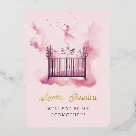 Wieg Fairy Waterverf foto peetmoeder voorstel Folie Uitnodiging (Voorkant)