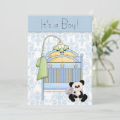Wieg Teddy Bear Blue Damask Baby shower Kaart (Staand voorkant)