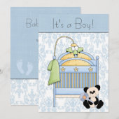 Wieg Teddy Bear Blue Damask Baby shower Kaart (Voorkant / Achterkant)