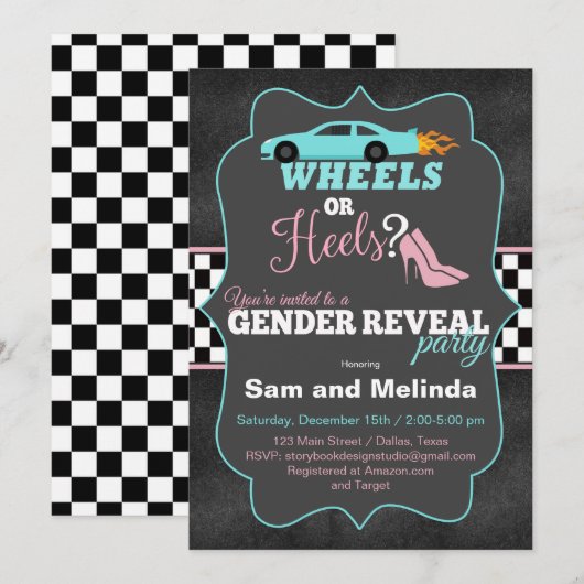 Wielen of hakken Gender Reveal Uitnodigingen (Voorkant / Achterkant)