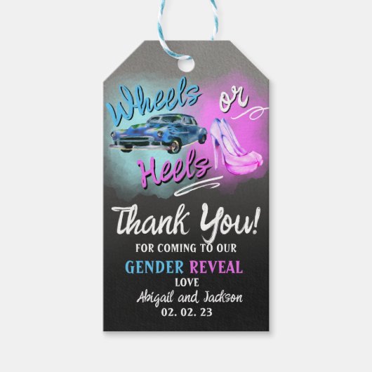 Wielen of Hakken geslacht onthullen gunst tag. Cadeaulabel (Voorkant)