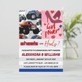 Wielen of hakken onthullen genderuitnodigingen kaart (Staand voorkant)