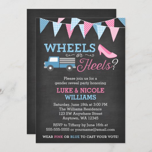 Wielen of Heels Gender onthullen partijuitnodiging Kaart (Voorkant / Achterkant)