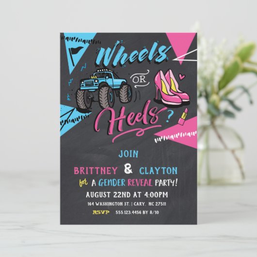 Wielen of heels gender onthullen uitnodiging (Staand voorkant)