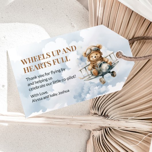 Wielen Omhoog Teddybeer Vliegtuig Baby Shower Cadeaulabel